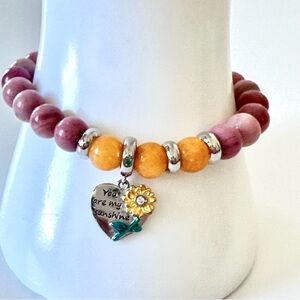 Elegant Pink and Yellow Beaded Bracelet with Heart Charm